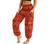 Nuofengkudu Mujer Pantalones Hippies Tailandeses Estampado Verano Cintura Alta Elastica con Bolsillos para Yoga Pants Casual Naranja Elefante