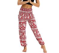 Nuofengkudu Mujer Pantalones Hippies Tailandeses Estampado Verano Cintura Alta Elastica con Bolsillos para Yoga Pants Casual Rojo Elefante B