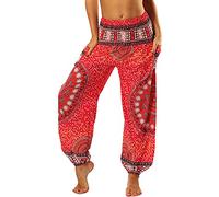 Nuofengkudu Mujer Pantalones Hippies Tailandeses Estampado Verano Cintura Alta Elastica con Bolsillos para Yoga Casual Rojo Flor
