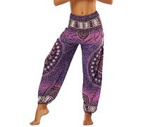 Nuofengkudu Mujer Pantalones Hippies Tailandeses Estampado Verano Cintura Alta Elastica con Bolsillos para Yoga Casual Morado Flor