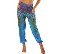 Nuofengkudu Mujer Pantalones Hippies Tailandeses Estampado Verano Cintura Alta Elastica con Bolsillos para Yoga Casual Azul Pavo