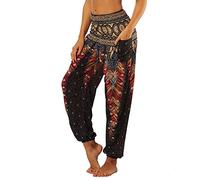 Nuofengkudu Mujer Pantalones Hippies Tailandeses Estampado Verano Cintura Alta Elastica con Bolsillos para Yoga Casual Negro Pavo