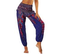 Nuofengkudu Mujer Pantalones Hippies Tailandeses Estampado Verano Cintura Alta Elastica con Bolsillos para Yoga Casual Morado Pavo