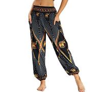 Nuofengkudu Mujer Pantalones Hippies Tailandeses Estampado Verano Cintura Alta Elastica con Bolsillos para Yoga Pants Casual Negro Elefante B