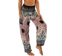 Nuofengkudu Mujer Pantalones Hippies Tailandeses Estampado Verano Cintura Alta Elastica con Bolsillos para Yoga Casual Gris Flor