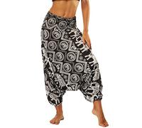 Nuofengkudu Mujer Pantalones Sueltos Hippi Tailandeses Estampado Verano Cintura Alta Elastica Entrepierna Baja para Yoga Casual Negro Elefante