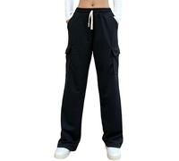 Nuofengkudu Pantalones Chandal Mujer Cargo Joggers Anchos Rectos con 4 Bolsillos Laterales Cintura Elástica Cordón Pantalon Comodo Deportivos Casual Diario Negro M