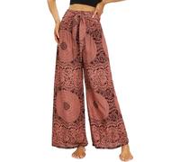 Nuofengkudu Pantalones Palazzo Boho Mujer Tiro Alto Fruncido Cinturón Verano Rayón Ligero Estampado Hippie Fluido Playa Vacaciones Fiesta Pantalon Holgados Viaje Casa Yoga Talla Pequeña E Naranja