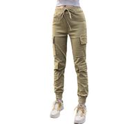 Nuofengkudu Petite Pantalones Cargo Mujer Elasticos Harem Pantalon con Bolsillos Stretch Cintura Tobillo Pantalón Chica Joven Punk Deportivo Jogging Jogger Pants Hip Hop Moda Casual Khaki L