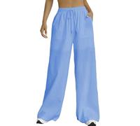 Nuofengkudu Verano Pantalones Mujer Anchos Bolsillos Cordón Ajustable Goma Cintura Alta Ligeros Transpirables Liso Cómodos Largo Pantalon Pijama Holgados Yoga Playa Vacaciones Jogger Azul Claro L