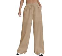 Nuofengkudu Verano Pantalones Mujer Anchos Bolsillos Cordón Ajustable Goma Cintura Alta Ligeros Transpirables Liso Cómodos Largo Pantalon Pijama Holgados Yoga Playa Vacaciones Jogger Caqui M