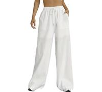 Nuofengkudu Verano Pantalones Mujer Anchos Bolsillos Cordón Ajustable Goma Cintura Alta Ligeros Transpirables Liso Cómodos Largo Pantalon Pijama Holgados Yoga Pants Playa Vacaciones Jogger Blanco L