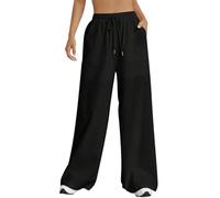 Nuofengkudu Verano Pantalones Mujer Anchos Bolsillos Cordón Ajustable Goma Cintura Alta Ligeros Transpirables Liso Cómodos Largo Pantalon Pijama Holgados Yoga Pants Playa Vacaciones Jogger Negro M