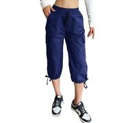 Nuofengkudu Verano Pantalones Piratas Mujer Cargo 6 Bolsillos Cintura Elastica Cordón Ajustable Puño Capri Pantalon Sólido Pull on Deporte Trabajo 3/4 Pantalón Cortos Trekking Moda Azul Marino M