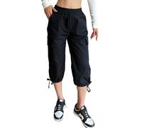 Nuofengkudu Verano Pantalones Piratas Mujer Cargo 6 Bolsillos Cintura Elastica Cordón Ajustable Puño Capri Pantalon Sólido Pull on Deporte Trabajo 3/4 Pantalón Cortos Trekking Moda Negro L