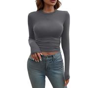 Nuoke Blusas de Mujer Elegantes,Women's Long Sleeve Shirts Crew Neck Slim Fit Going out Tops Basic Tees Barely There Camisa Vaquera (GY2, XS)