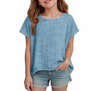 Nuoke Camiseta niña,Camiseta Azul niña,Loose Cotton and Linen Short Sleeved T Shirts For Boys and Girls of All Ages Top (Light Blue, 2-3 Years)