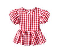 Nuoke camiseta niña,camiseta roja niña,Top a cuadros de verano para s Dobladillo plisado Cuello Mangas Casual Exclusivo de 0 a 6 años Conjunto Short Y Top (Red, 3-4 Years)