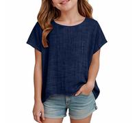 Nuoke Camiseta niña,Ropa niña,Loose Cotton and Linen Short Sleeved T Shirts For Boys and Girls of All Ages Top (Navy, 2-3 Years)