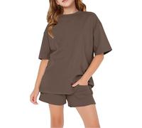 Nuoke conjunto niña,Conjunto de piezas para, sencillo y moderno, con estampado de cuello, pantalones deportivos holgados de manga corta Trajes De Burro (Brown, 11-12 Years)