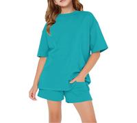 Nuoke conjunto niña,Conjunto de piezas para, sencillo y moderno, con estampado de cuello, pantalones deportivos holgados de manga corta Trajes De Burro (Sky Blue, 4-5 Years)