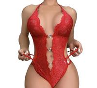 Nuoke New Erotic Lingerie Plus Size Erotic Lingerie New Lace See Through No Removal Crotchless Jumpsuit Sexy Hottie Body Cuero (Red, XL)