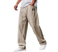 Nuoke Pantalones Hombre,Pantalon Chandal Hombre,Men's Casual Cotton and Linen Fabric Embroidered Logo Loose Elastic Waist Pants De (Khaki, XL)