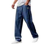 Nuoke Pantalones Hombre,Pantalones Trekking Hombre,Men's Casual Cotton and Linen Fabric Embroidered Logo Loose Elastic Waist Pants De (Navy, XL)