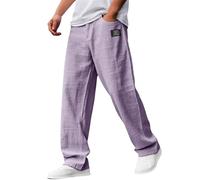 Nuoke Pantalones Hombre,Tallas Grandes Hombre,Men's Casual Cotton and Linen Fabric Embroidered Logo Loose Elastic Waist Pants De (Purple, XXL)