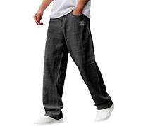 Nuoke Pantalones Hombre,Tallas Grandes Hombre,Men's Casual Cotton and Linen Fabric Embroidered Logo Loose Elastic Waist Pants De (Black, XXL)