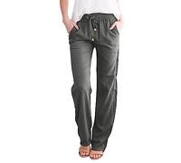 Nuoke Pantalones Rectos sólidos Cintura y Pantalones Largos algodón con cordón elástico Informal para Mujer Pantalones Anchos De Vestir Mujer_4