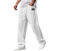 Nuoke Ropa Hombre,Pantalon Trekking Hombre,Men's Casual Cotton and Linen Fabric Embroidered Logo Loose Elastic Waist Pants De (White, XXXXXL)