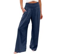 Nuoke Ropa Mujer,Women Linen Pants Summer Wide Leg High Waist Casual 2026 Beach Travel Vacation Outfits Rotos (Dark Blue, XXL)