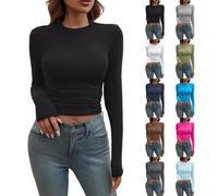 Nuoke Ropa Mujer,Women's Long Sleeve Shirts Crew Neck Slim Fit Going out Tops Basic Tees Barely There Camisa Vaquera (Black, XS)