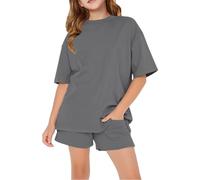 Nuoke ropa niña,Conjunto de piezas para, sencillo y moderno, con estampado de cuello, pantalones deportivos holgados de manga corta Trajes De Burro (Dark Gray, 9-10 Years)