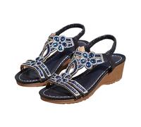 Nuoke sandalias mujer verano,sandalias mujer cuña comodas, de para de tacón medio azul con tira en el tobillo y flores Chanclas Piscina (Dark Blue, 38)