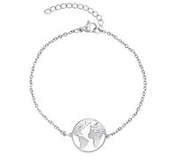Nuoli® Pulsera para mujer (15 + 5 cm ajustable) con colgante del mapa del mundo para mujeres y niñas, de acero inoxidable pulido, 15 centimeters, Acero inoxidable
