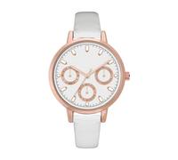 NUOVO Reloj de mujer de oro rosa, esfera blanca con tres temporizadores falsos, correa de piel blanca, Negro , Minimalista