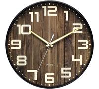 NUOVO Reloj de pared redondo de plástico imitación madera silencioso, sin respuesta, números grandes antiguos, salón, dormitorio, cocina (30 cm)