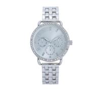 NUOVO Reloj de pulsera para mujer de acero inoxidable plateado con cristales de diamante, diseño cronógrafo, cuarzo, analógico, elegante