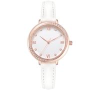 NUOVO Relojes de mujer con caja de oro rosa, correa de cuero blanco, relojes de moda para mujer, esfera blanca, bisel de cristal de diamante, cuarzo, reloj clásico para mujer, blanco