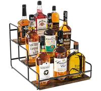 Nuovoware Estante Botellas Licor, Estante Licor de 3 Niveles, Mueble Bar Acero Carbono con Base Madera y Barra Retención para Whisky Jarabe Vino, Estante Vino para Mostrador Cocina Café Bar, Negro