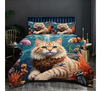 Nuphtun Edredón Matrimonial 150x200 cm | Gato Submarino, Microfibra Hipersuave con Relleno de Algodón 200 gsm, Incluye 2 Fundas de Almohada, Calidez Abrigadora Invierno O342