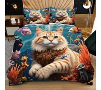 Nuphtun Funda Nórdica Individual 135x200 cm Gato Submarino, Funda Nórdica y 2 Fundas de Almohada, Lavable a Máquina y Anti-Arrugas, Corner Straps para un Ajuste Edredón N342