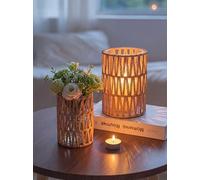 NUPTIO Boho Lanterns, juego de 2 portavelas de ratán con cristal | Textura de cuerda tejida a mano, tono natural, protección de cilindro de vidrio, decoración de mesa de café, estilo granja