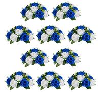 Nuptio Centros de Mesa de Bolas Flores Artificiales: 10 Piezas Flores Falsas Azul Real y Blanco Bolas Rosas 24cm Diámetro para Arreglos de Rosas Seda Sintética Decoraciones Mesa Fiesta Bodas
