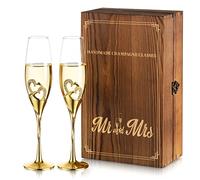 Nuptio Copas de Champán en Cristal para Boda - Juego de 2 Doradas Con Caja Regalo Madera, Prosecco para Novia y Novio, Compromiso, Aniversario, Despedidas Soltera, Brindis