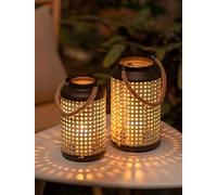 NUPTIO Farol con ratán de metal de granja: juego de 2 portavelas de pilar bohemio moderno - Decoración rústica colgante para el hogar para porche al aire libre, patio, centro de mesa