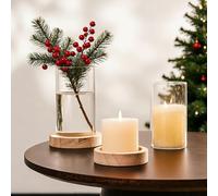 NUPTIO Farol de Cristal y Madera: Set de 2 Faroles Cilíndricos Con Jarrón de Fondo, Grandes Pilares Portavelas, Decoración de Mesa de Comedor Para Navidad