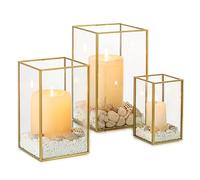 NUPTIO Huracán Candelabros de Vidrio - 3 Piezas Oro Linterna Templado Chimenea Vidrio Velas Conjunto Al Aire Libre Cuadrado Decorativo La Boda Navidad Adornos Halloween Sala Estar Mesa Chimenea